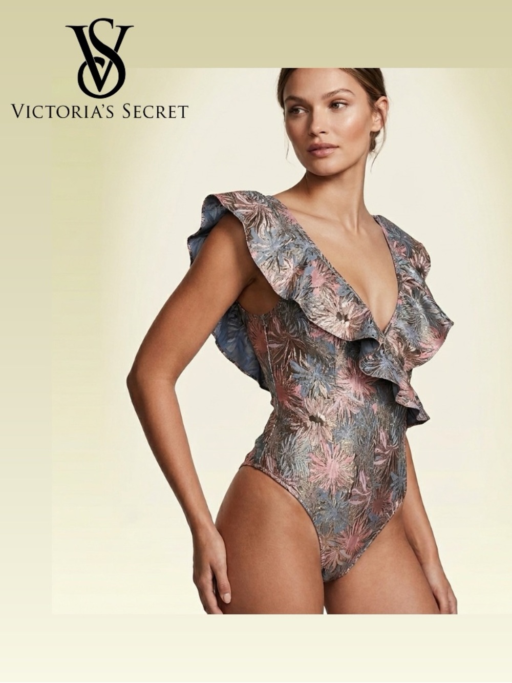 Victoria's Secret Dream Angels Shine Brocade Ruffle Bodysuit, Large, NWOT